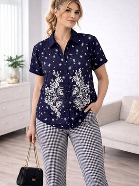 Navy Embroidered Short-Sleeve Shirt - Women's Casual Top